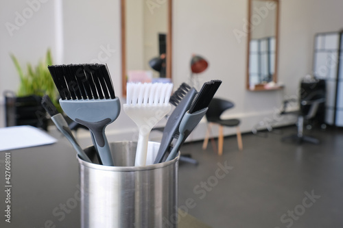 Tableau sur toile Hair dye brushes in a hairdressing salon