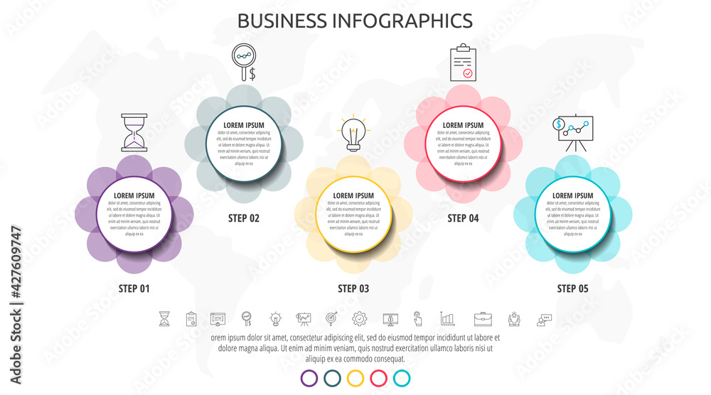 Infographics circles with five steps, icons. Timeline data vector template. Used for diagram, business, web, banner, workflow layout, presentations, flowchart, levels, chart, processes diagram Infographics circles with five steps, icons. Timeline data vector template. Used for diagram, business, web, banner, workflow layout, presentations, flowchart, levels, chart, processes diagram