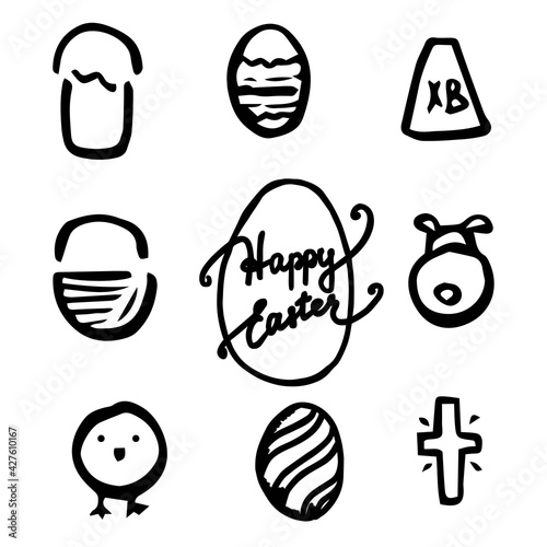Primitive cute easter element set with bunny and eggs outlines  flat vector illustration