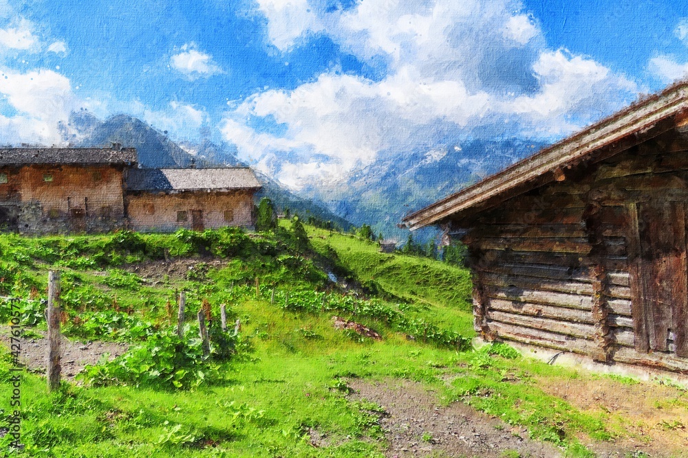 Oil painting canvas of austrian tirol Farmland in high Tauern mountain range.