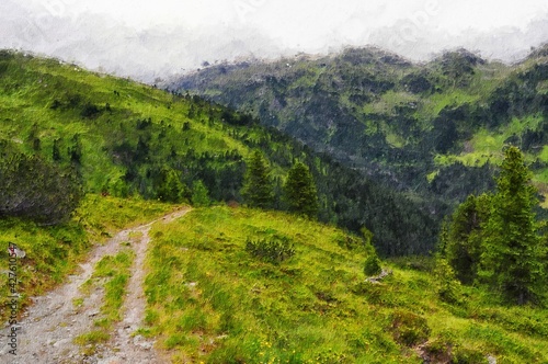 Oil painting canvas of High Tauern hiking path within Zillertal Alps in Austria. © lcrms