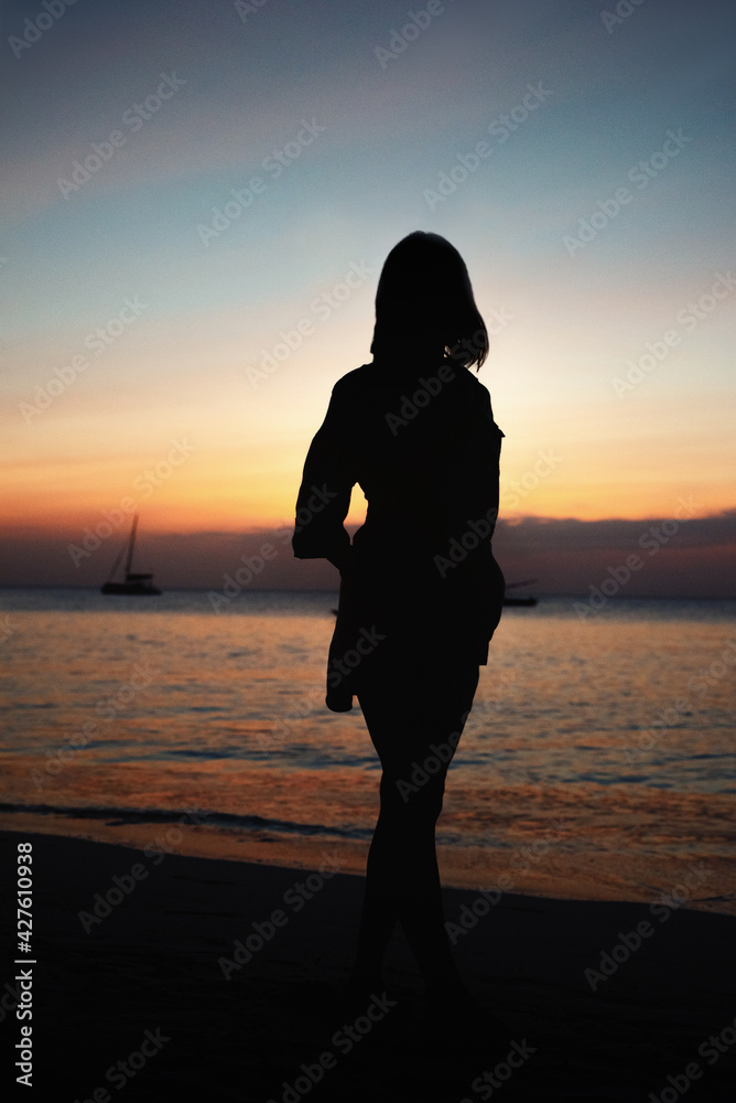 Fototapeta premium the lady at the beach at sunset