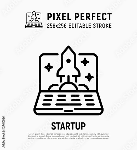 Startup symbol. Innovetion, new online business. Rocket on laptop screen. Pixel perfect, editable stroke. Vector illustration.