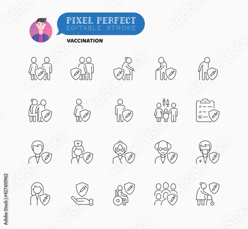Coronavirus vaccination set. Virus protection: people are protected by shield with vaccine. Immune system. Thin line icon. Pixel perfect, editable stroke. Vector illustration.