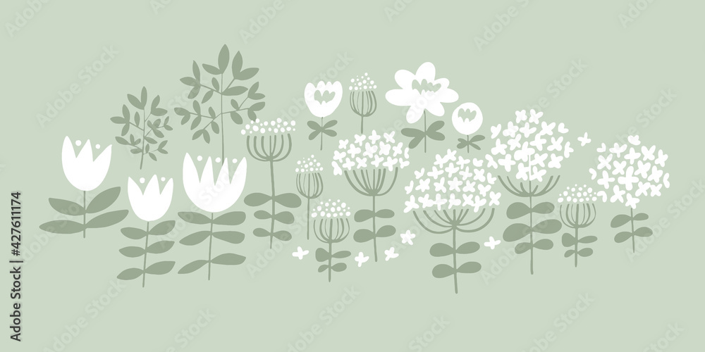 White meadow summer flowers silhouette pattern White meadow summer flowers silhouette pattern