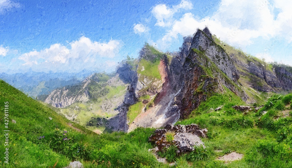 Oil painting canvas of Rofan mountains in Karwendel alps in Tirol Austria.