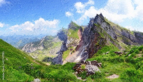 Oil painting canvas of Rofan mountains in Karwendel alps in Tirol Austria.