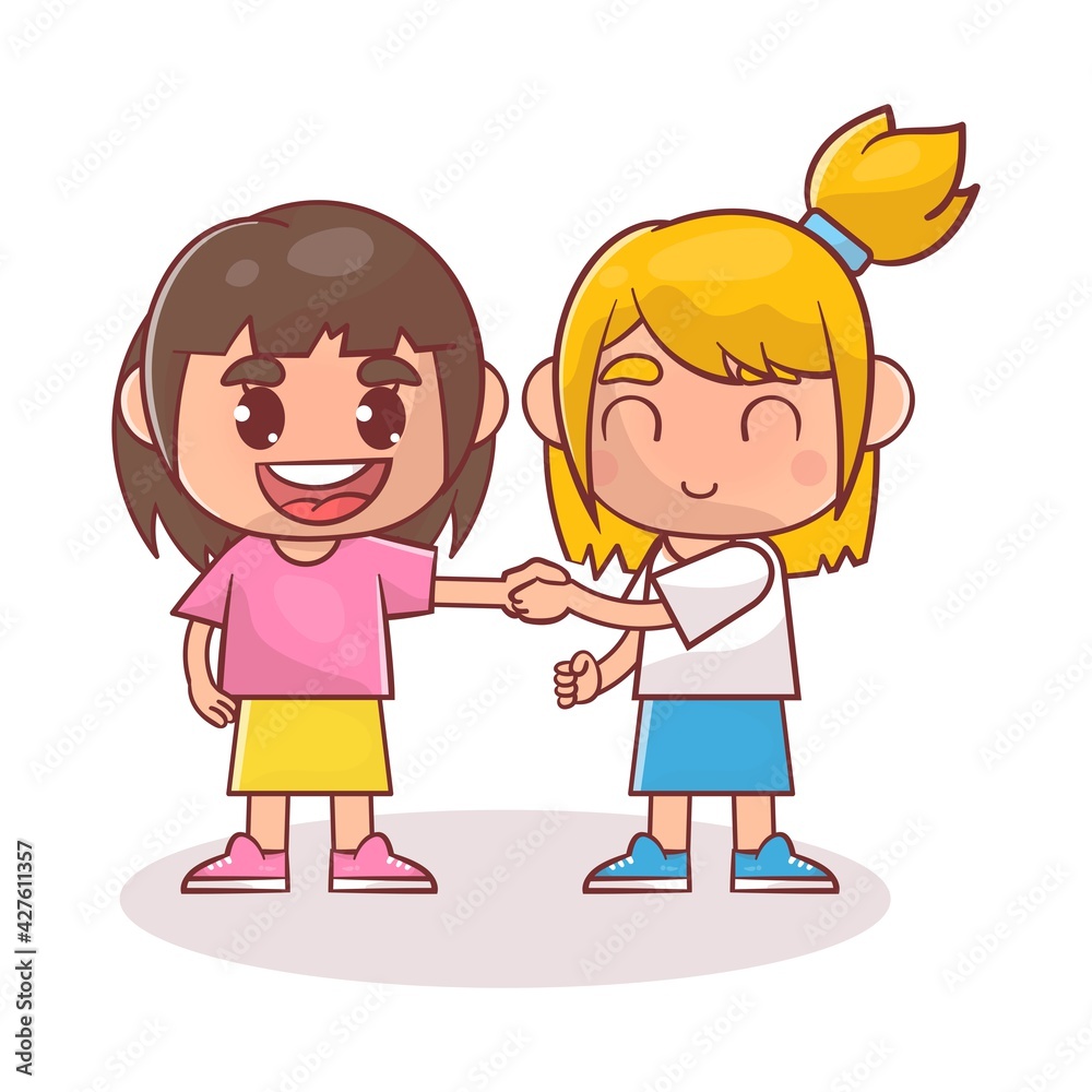 Cute happy kid doing hand shake with friend Premium Vector
