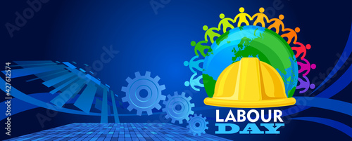 Workers on the globe. Cogs of the machine and a yellow helmet.