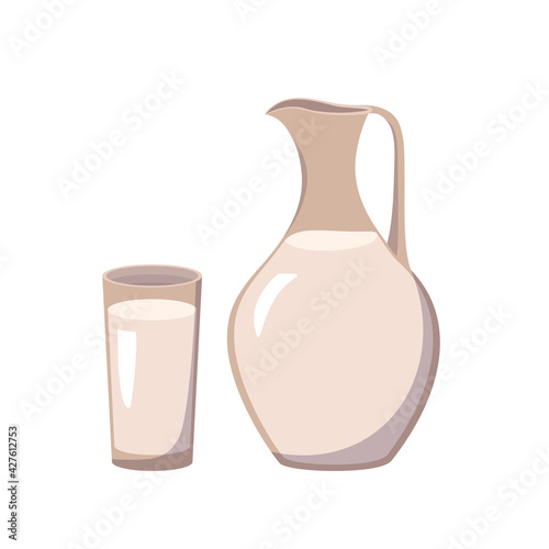 Milk jug and glass icon. Dairy product, white yogurt or kefir. Source of vitamin A. Vector flat illustration
