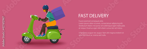 Young african guy in protective face mask with box for food delivery rides a scooter, green vintage scooter isolated on pink background, banner of online delivery service and stay home concept, vector