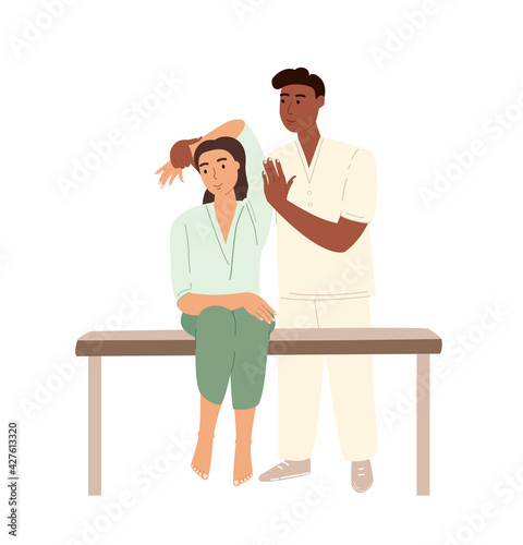 Professional male osteopath bonesetter making massage to woman.Spine Adjustment.Rehabilitation therapy or manual therapy.Chiropractor working.Flat vector cartoon illustration isolated,white background