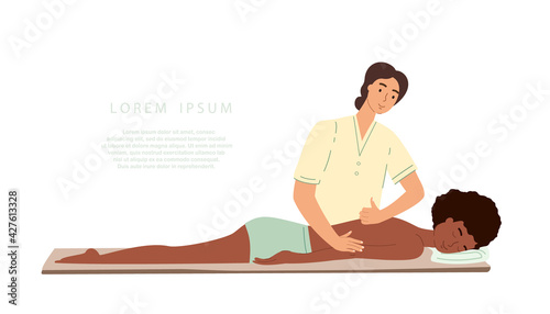 Young female massagist or osteopath doing manual massage for back Black Afro American Woman.Spine Physiotherapy. Professional physiotherapist or chiropractor working. Flat vector illustration isolated photo