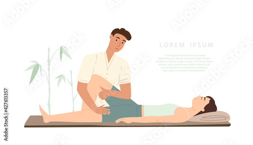 Male chiropractor making rehabilitation massage of legs to female patient vector flat illustration. Doctor or osteopath practicing alternative medical treatment physiotherapy work with client isolated