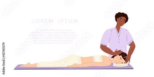 Physiotherapy session.Male Afro American massagist or osteopath massaging neck and head area to female client vector flat illustration. Dark skinned Black Man doctor or physiotherapist making massage.