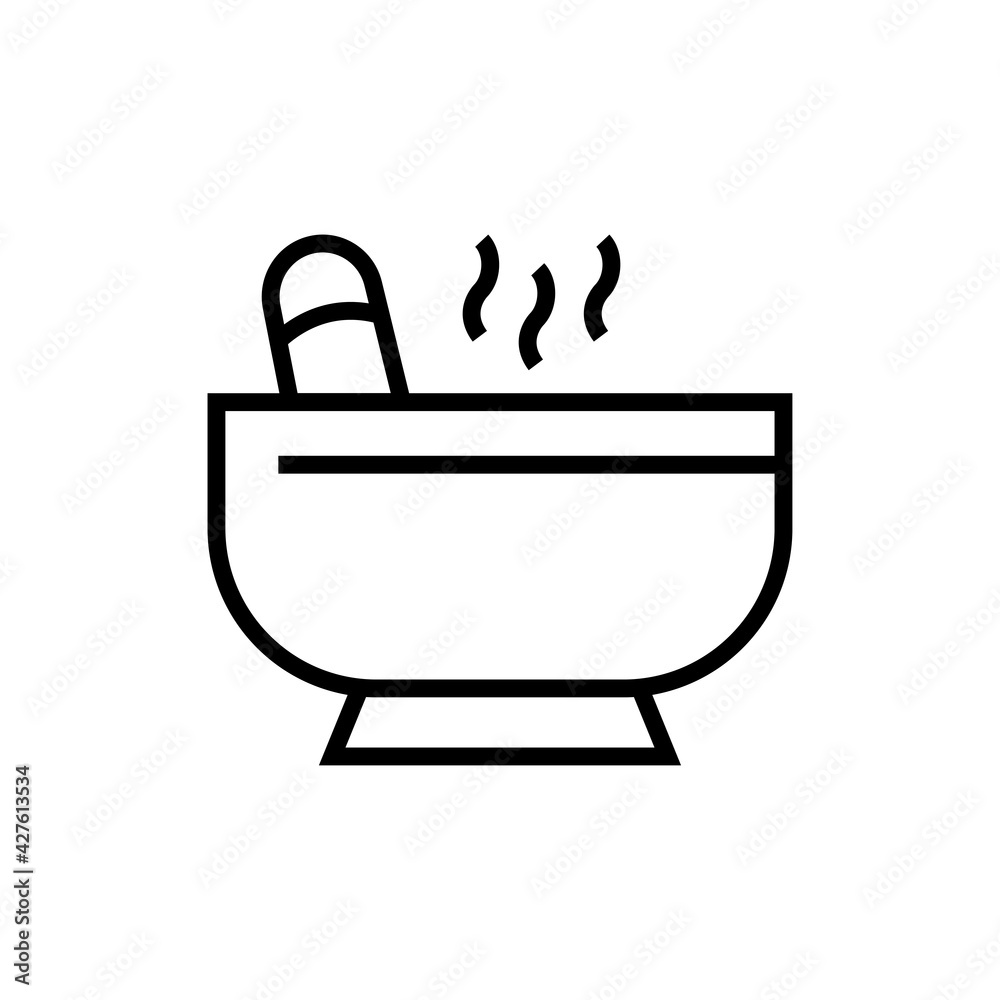 Bowl with seasoning black line icon. Seasoning vector illustration. Isolated contour of orthopedics diseases on white background. Editable stroke Bowl with seasoning black line icon. Seasoning vector illustration. Isolated contour of orthopedics diseases on white background. Editable stroke