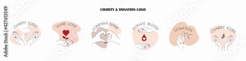 donation and charity logo icon set. minimal simple line human hand gesture and heart symbol. concept of give, help, donate blood and money. for fundraising nonprofit and donor organizations. vector