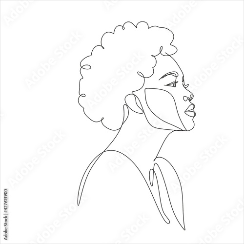 Line Art Woman Face Drawing. Black Woman Vector. Afro American Female Logo. Contouring Line. Minimalist Face. Beauty salon