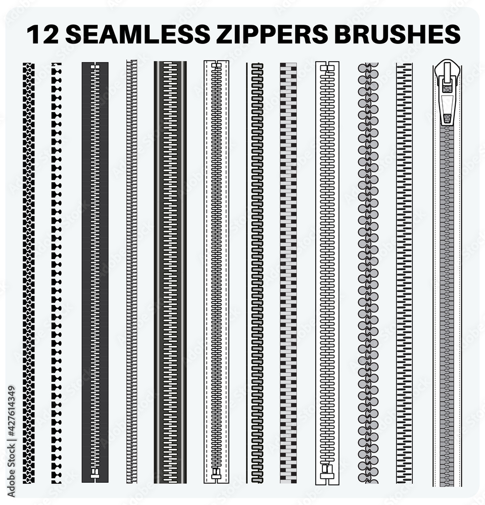 Seamless zippers with puller flat sketch vector illustrator Brush set