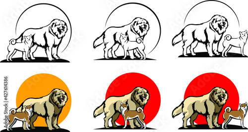 A set of elements small and large dog 
Caucasian Shepherd Dog and Inu Japanese Force
Black and white and colored version 
concept logo for club dog lovers or dog show 