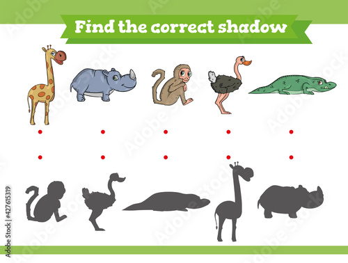 Find the correct shadow. Educational game for children. Cartoon