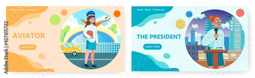 Ladies aviator and the president, landing page design, website banner vector templates. Strong women making male careers