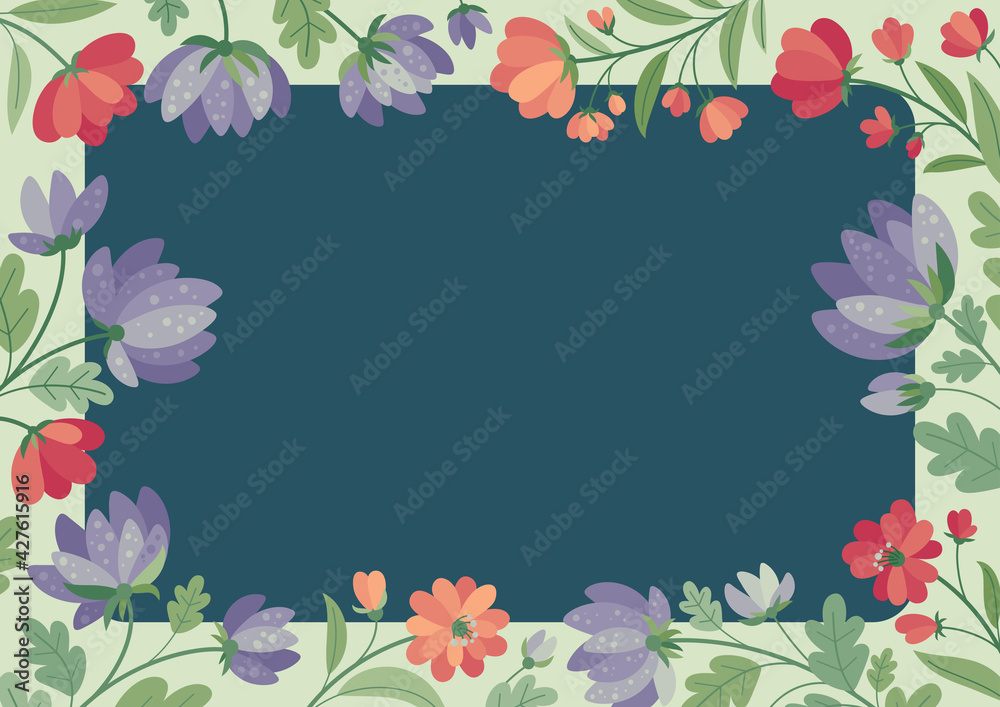Summer flowers in flat style - vector frame, poster, banner, card, flyer, template. Hello spring and summer. Spring mood. 