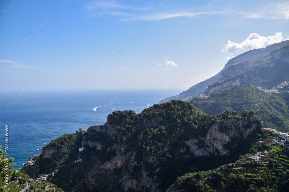 Beautiful views of the mountains and the Mediterranean Sea in Italy, Ravello.