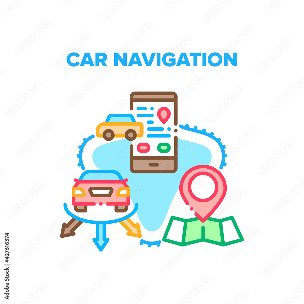 Car Navigation Vector Icon Concept. Car Navigation Electronic Gadget Or Smartphone Application For Searching Way Direction. Gps Mark On Map For Showing Vehicle Location Color Illustration