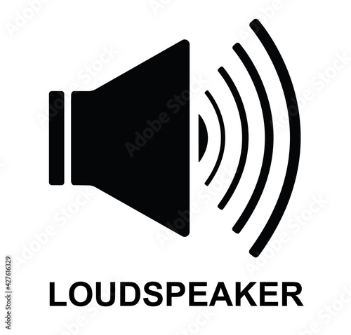 Loudspeaker raster illustration isolated on white. Black speaker icon with sound waves.