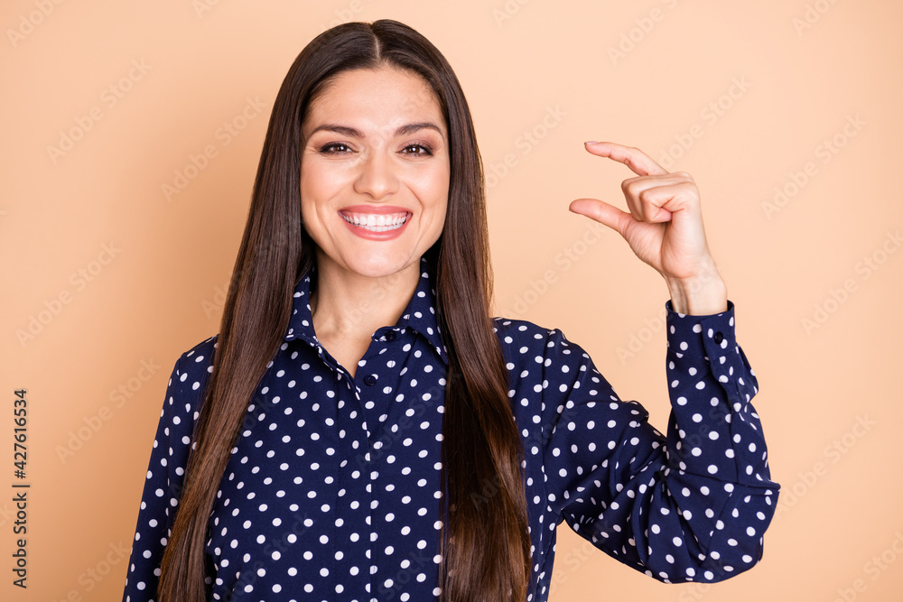 Portrait of attractive cheerful business lady expert showing small size isolated over beige pastel color background Portrait of attractive cheerful business lady expert showing small size isolated over beige pastel color background