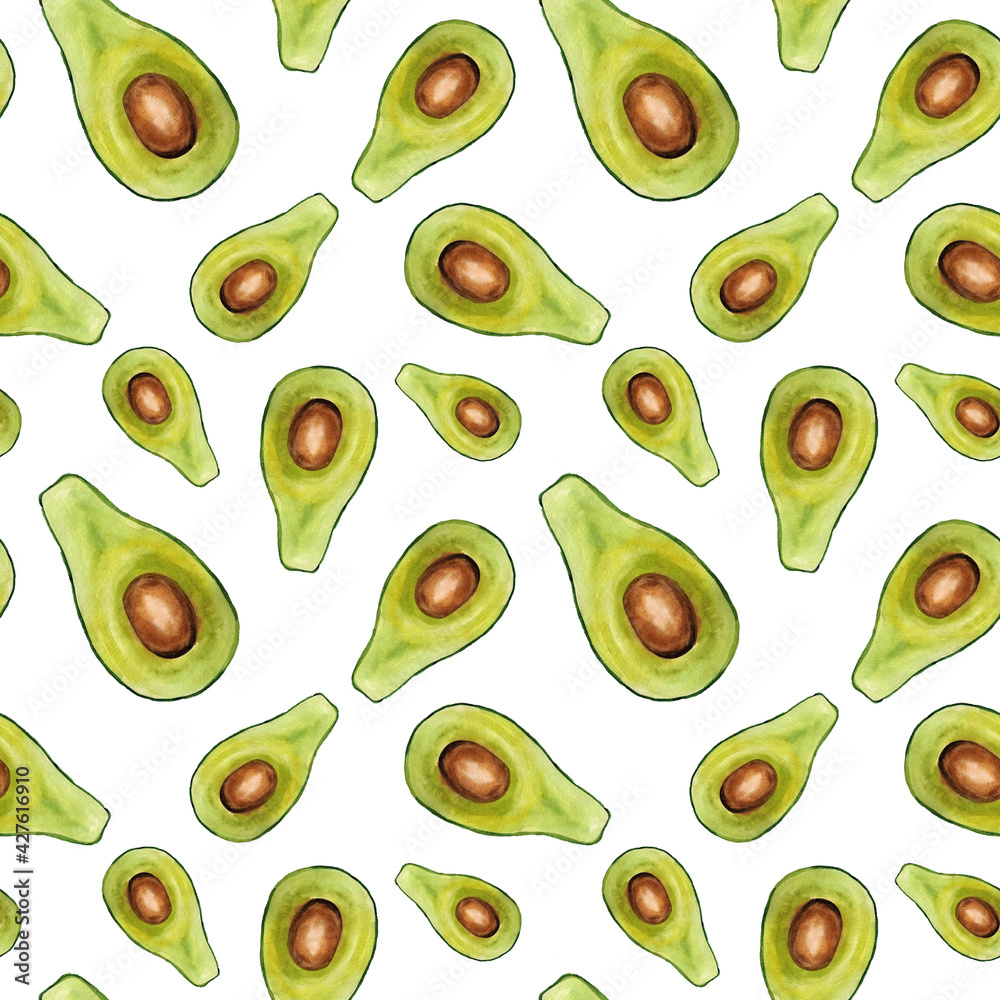 Watercolor illustration. Seamless pattern on a white background with avocado. Patter in tropical design. Sliced avocado Watercolor illustration. Seamless pattern on a white background with avocado. Patter in tropical design. Sliced avocado