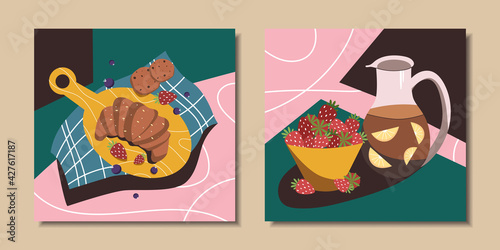 Set of abstract posters with still lifes for cafes and restaurants. Croissant, tea, strawberries. Vector illustration.