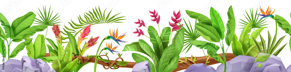 Jungle seamless border, vector tropical leaf frame background, plants ...