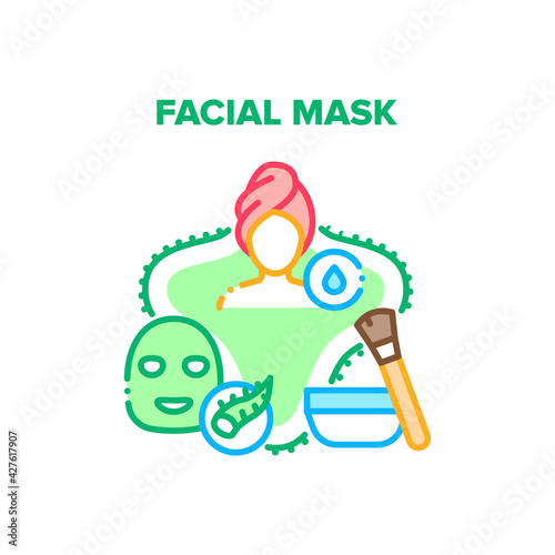 Facial Mask Vector Icon Concept. Facial Mask Beauty Salon Treatment. Face Skincare Cosmetic With Aloe Vera Bio Plant. Accessory For Moisturizing Skin, Natural Product Color Illustration