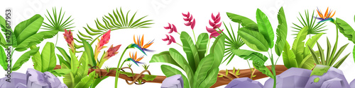 Jungle seamless border, vector tropical leaf frame background, plants, rainforest flowers, banana, stone. Isolated exotic nature summer game frame, vine. Amazon jungle border paradise bushes, liana