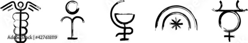 Symbols for Greek Mythology signs. Set of the ancient glyphs. Hermes (Mercury), Hydra, Hygeia, Iris (Arcus), Pan. Black ink handwriting. Vector