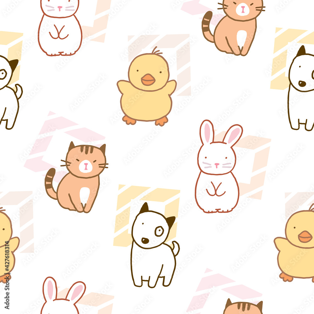 Seamless Pattern of Cartoon Animal and Pastel Square Design on White Background