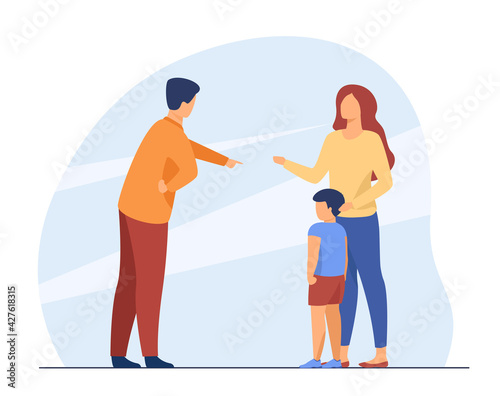 Dad scolding little boy and mom protecting him. Mother, father, kid flat vector illustration. Family and parenthood concept for banner, website design or landing web page