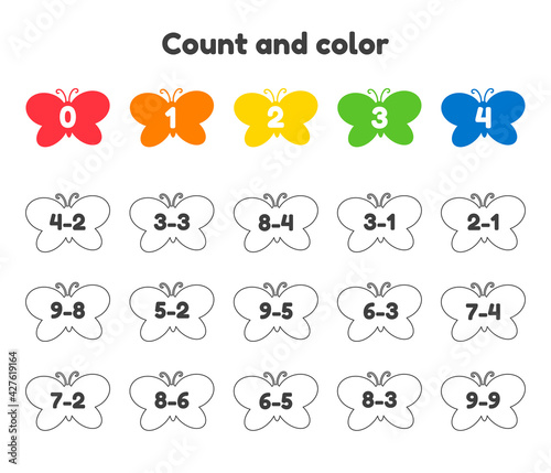 Coloring book number for kids. Worksheet for preschool, kindergarten and school age. Subtraction. Count and color. Butterflies.