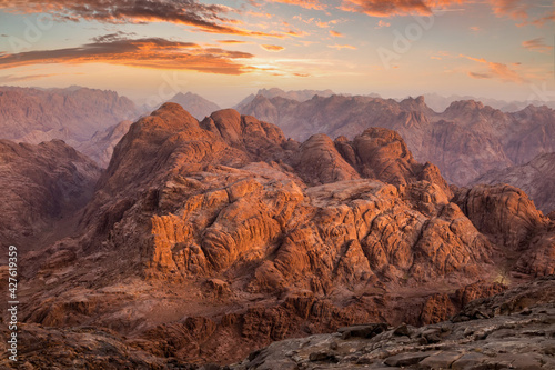 View from Mount Sinai at sunrise. Beautiful mountain landscape in Egypt. photo