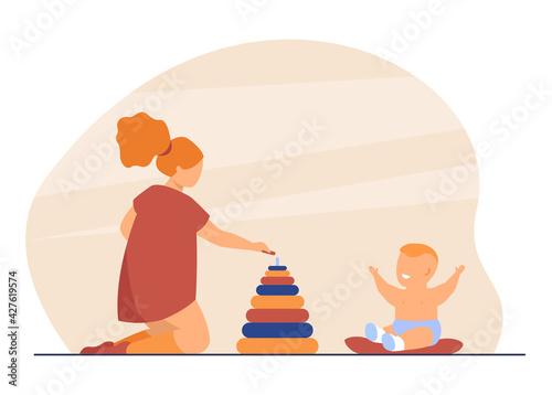 Cute elder sister playing with little baby. Toy, pyramid, relative flat vector illustration. Family and childhood concept for banner, website design or landing web page