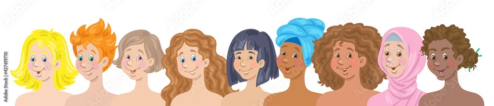 Beautiful happy young women of different nationalities and cultures. Banner in cartoon style. Isolated on white background. Vector flat illustration