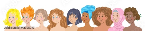 Beautiful happy young women of different nationalities and cultures. Banner in cartoon style. Isolated on white background. Vector flat illustration