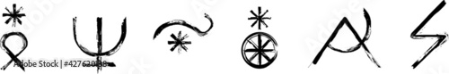 Symbols for Greek Mythology signs. Set of the ancient glyphs. Parthenope, Poseidon (Neptune), Tethys, Tyche (Fortuna), Urania, Zeus (Jupiter). Black ink handwriting. Vector photo