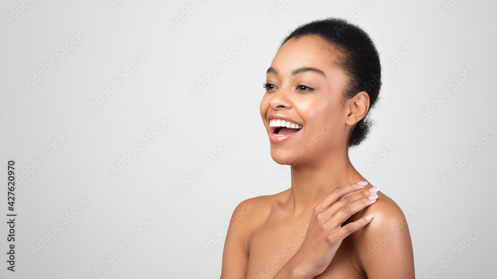 Cheerful Black Woman Posing Looking Aside Over Gray Background, Panorama Cheerful Black Woman Posing Looking Aside Over Gray Background, Panorama
