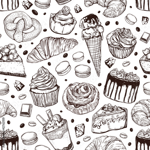 Hand-drawn sketch-style dessert seamless pattern. Different kinds of pastry sweets on white background. Cakes, tarts, pie slices, pretzel, ice cream, donuts, cheesecake, macaroons, buns and other test