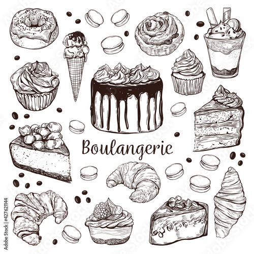 Hand-drawn sketch style dessert set. Different kinds pastry sweets on white background. Cakes, tarts, pie slices, donuts, cheesecake, ice cream, macaroons, buns and other testy bakery products