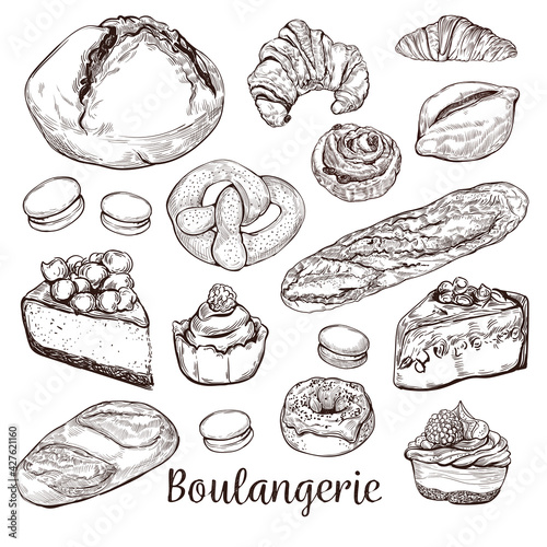Vintage hand-drawn sketch style bakery set. Different kinds of bread and pastry sweets on white background.Cakes, tarts, pie slices, donuts, cheesecake, macaroons, buns and other testy bakery products