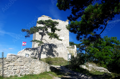 Ruins of Castle in Moedling (Mödling), lower Austria. Travel destination trip from Vienna. Beautiful view on the Ruin of castle Moedling with flag, nature and blue sky, Austria.	 photo